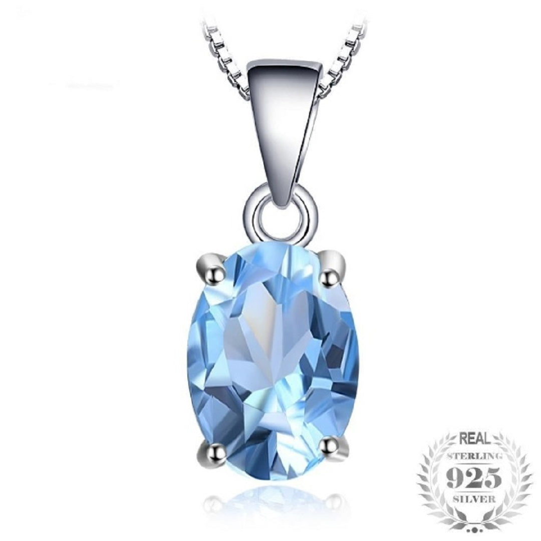 Natural Sky Blue Topaz Birthstone Solitaire 925 Sterling Silver Necklace