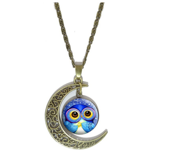 Free Moon Owl Pendant Necklace-Necklace-Kirijewels.com-Blue 1-Kirijewels.com