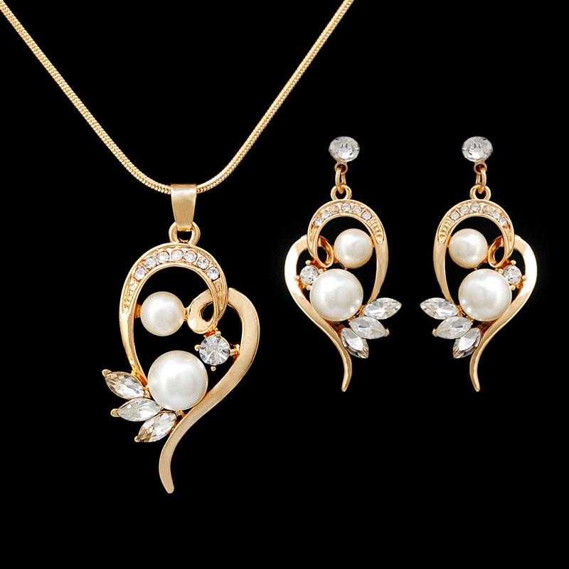 Elegant Gold Plated Zircon Heart Simulated Pearl Jewelry Set-Jewelry Set-Kirijewels.com-Gold-Kirijewels.com