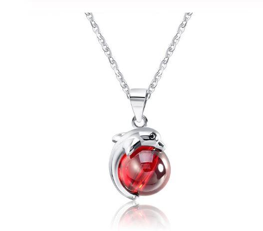 Sterling Silver Red Natural Stone Dolphin Pendant Necklace - Kirijewels.com