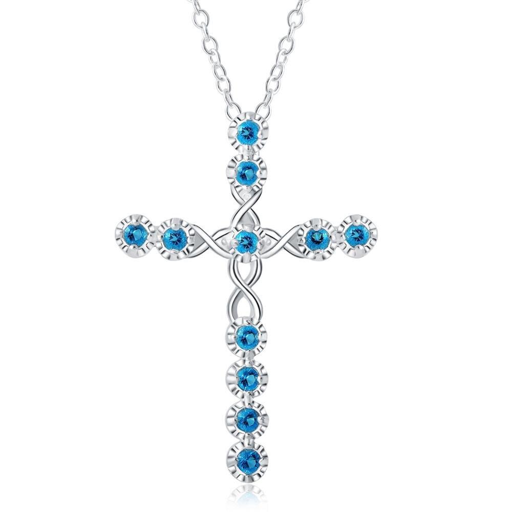 Silver Plated  CZ Crystal Zircon Stone Cross Necklace - Kirijewels.com