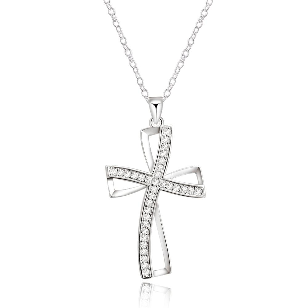 Silver Plated  CZ Crystal Zircon Stone Cross Necklace - Kirijewels.com