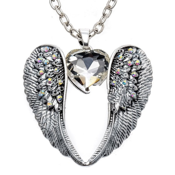 Antique Silver Chain Angel Wings Heart Necklace