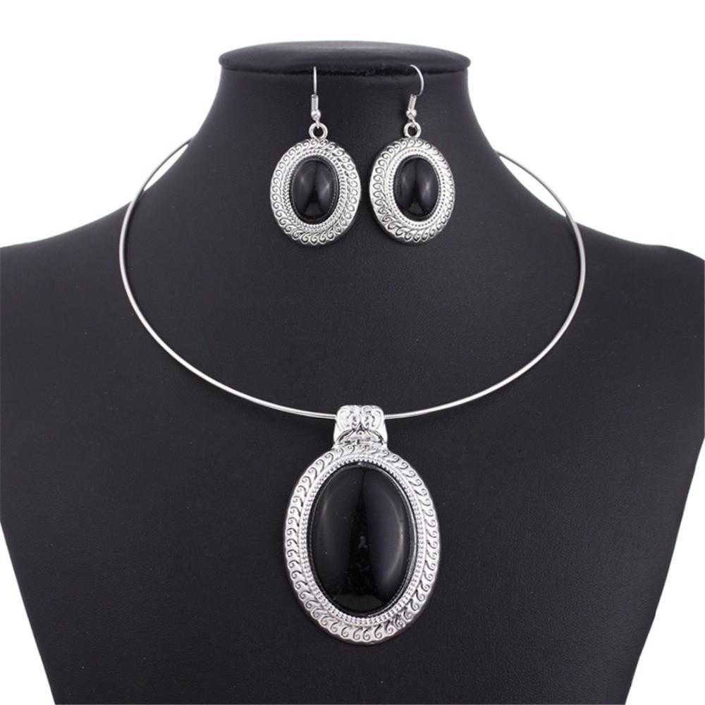 Silver Plated Oval Turquoise Necklace-Necklace-Kirijewels.com-Black-Kirijewels.com