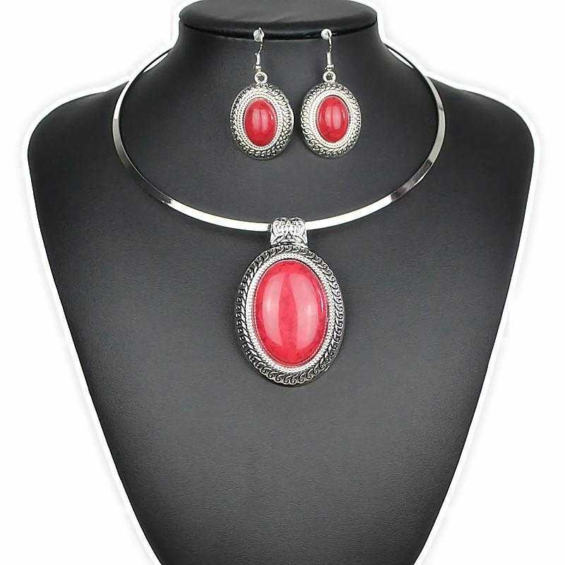 Silver Plated Oval Turquoise Necklace-Necklace-Kirijewels.com-Red-Kirijewels.com