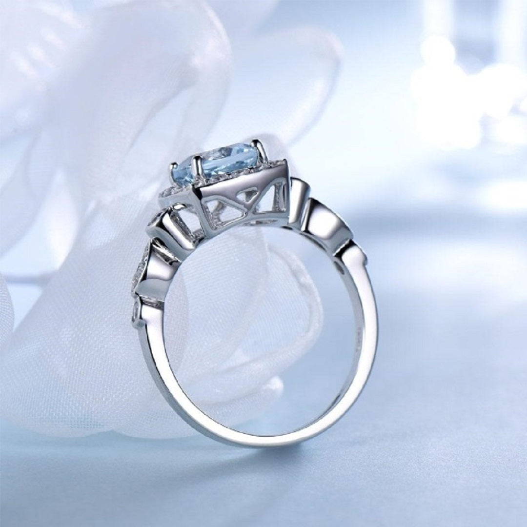 Real S925 Sterling Silver Gemstone Aquamarine Blue Topaz Ring